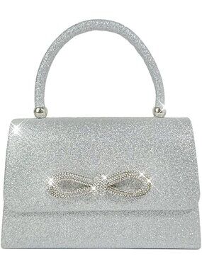 〽️ Women's Silver Sparkly Bow Clutch Purse Rhinestone Glitter Evening Bag